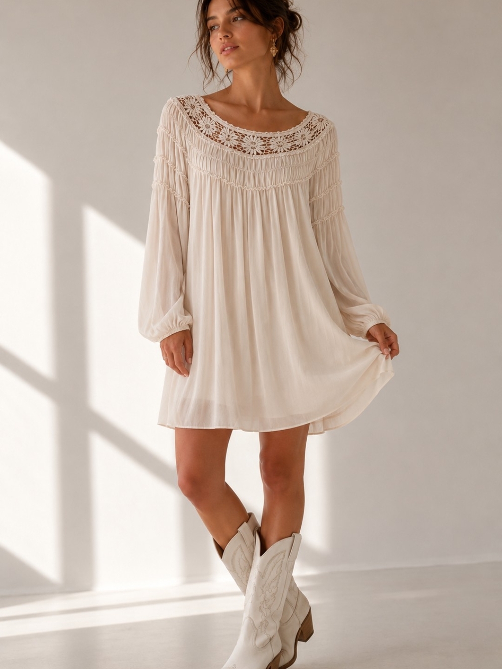 Boho Chiffon Crochet Yoke Dress XL Excellent Condition